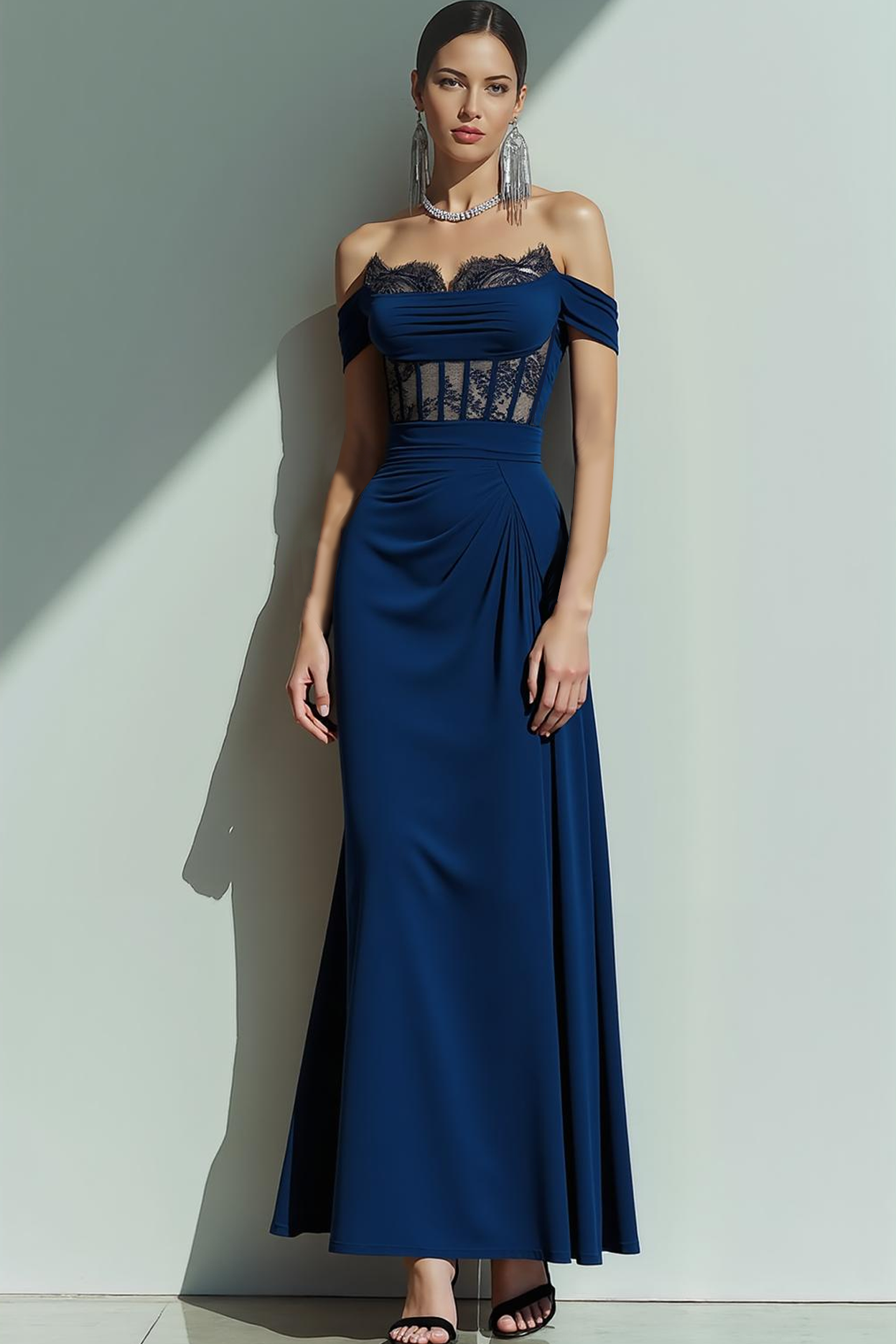 Leely Women Navy Navy Corset Drape Long Evening Dress A Line Off the Shoulder Formal Dress