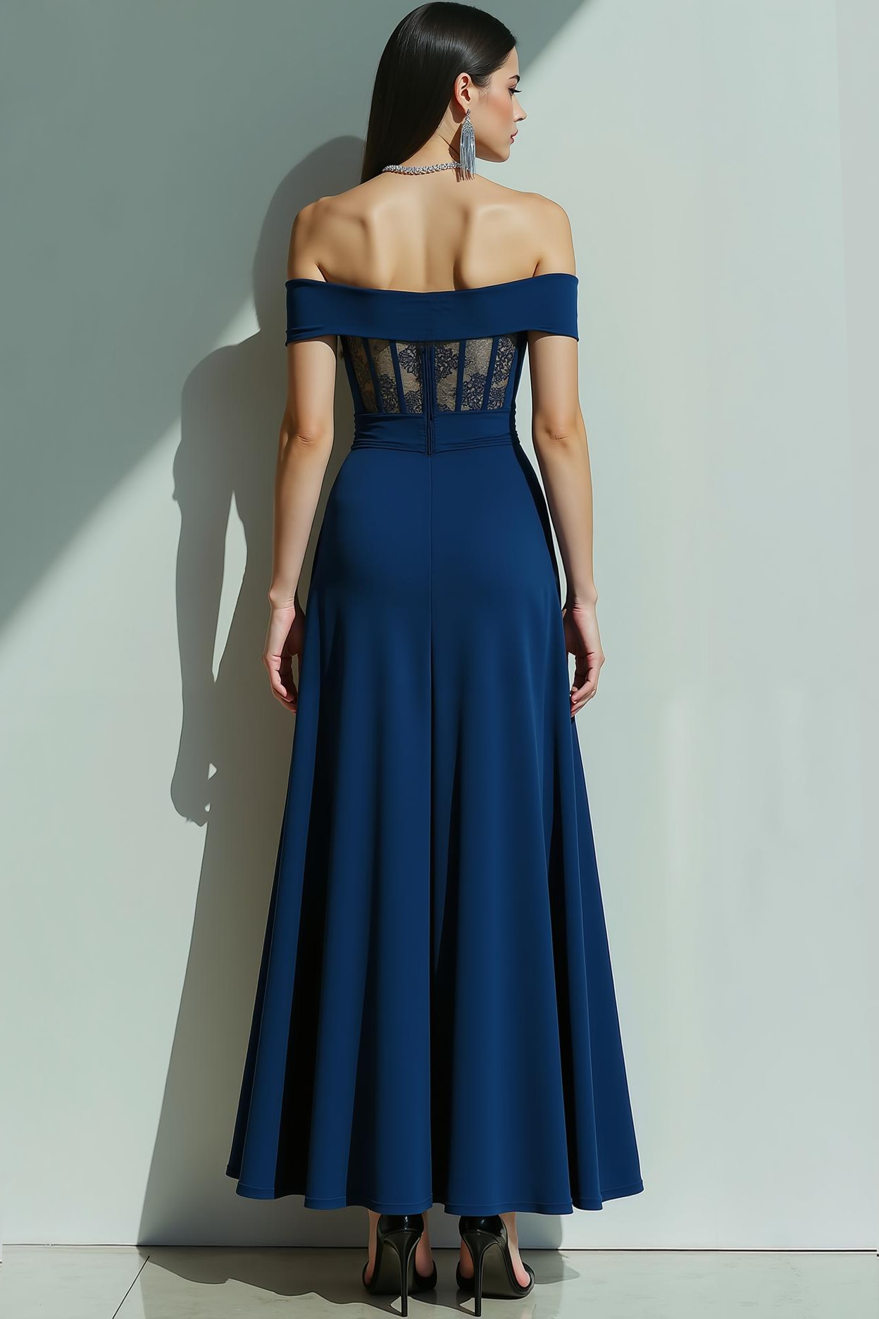 Navy Corset Off the Shoulder Long Evening Dress