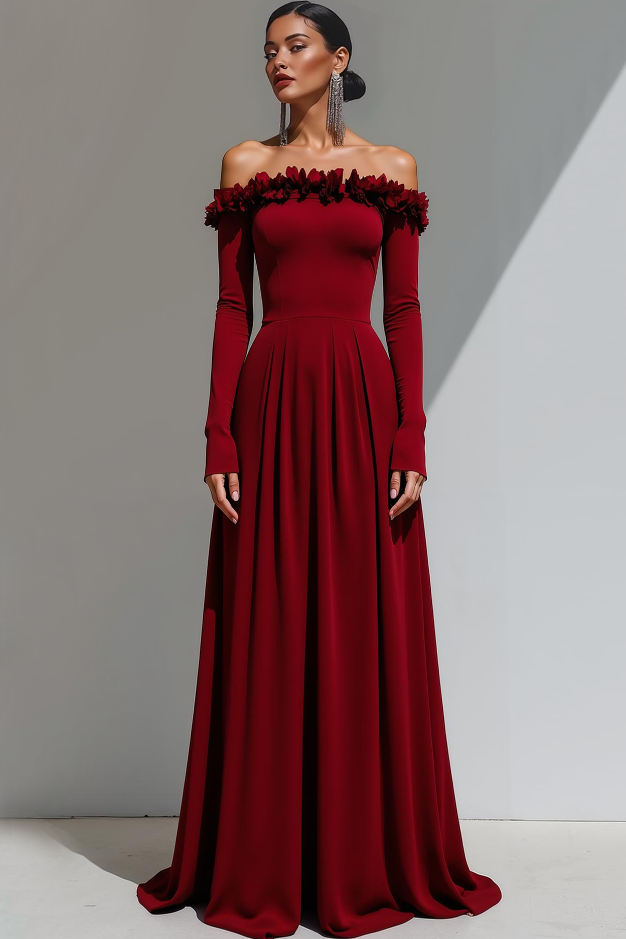 Leely Women Purple Sheath Maxi Formal Dress with Sleeves Off the Shoulder Evening Dress with Flowers