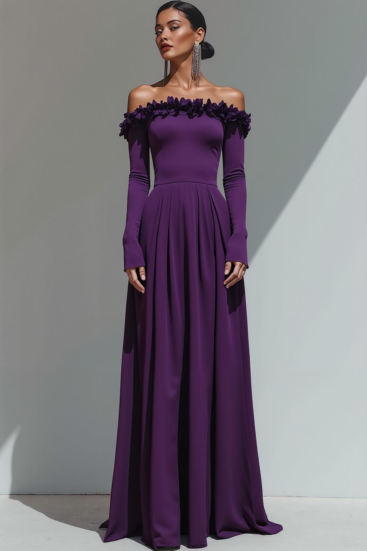 Purple Sheath Off the Shoulder Maxi Formal Dress with Sleeves