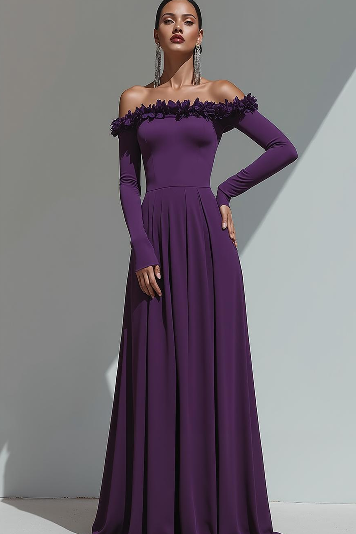 Purple Sheath Off the Shoulder Maxi Formal Dress with Sleeves