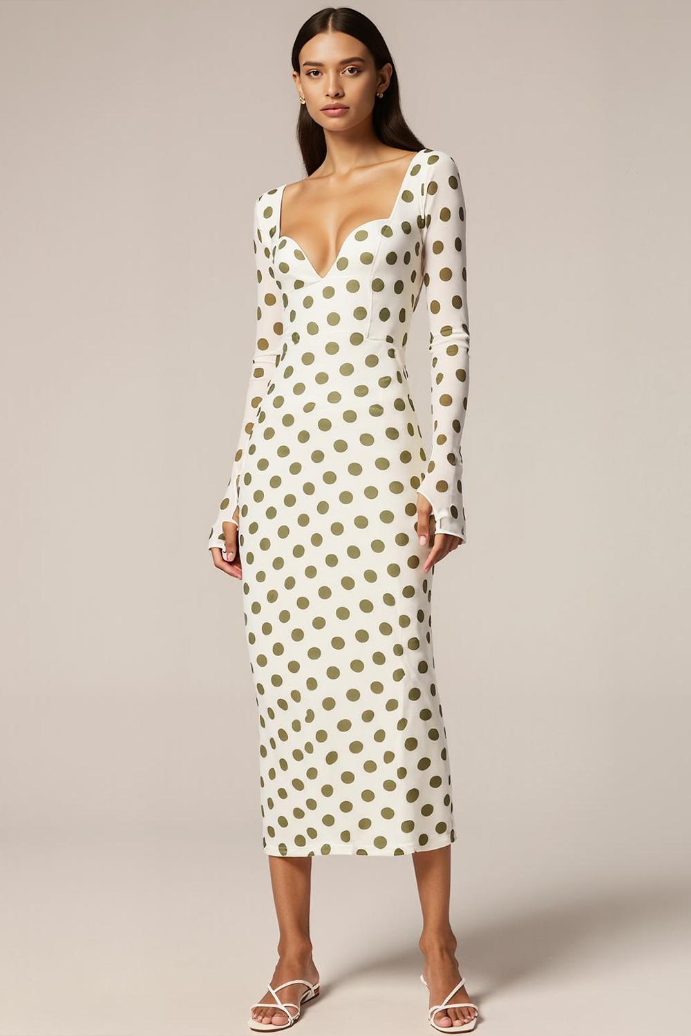 White Polka Dots Sheath Maxi Evening Dress with Sleeves