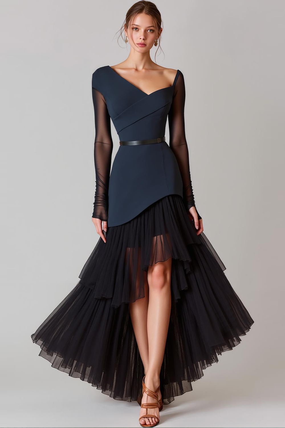 Leely Women Navy Tulle High Low Long Evening Dress Tiered Asymmetrical Neck Formal Dress with Sleeves