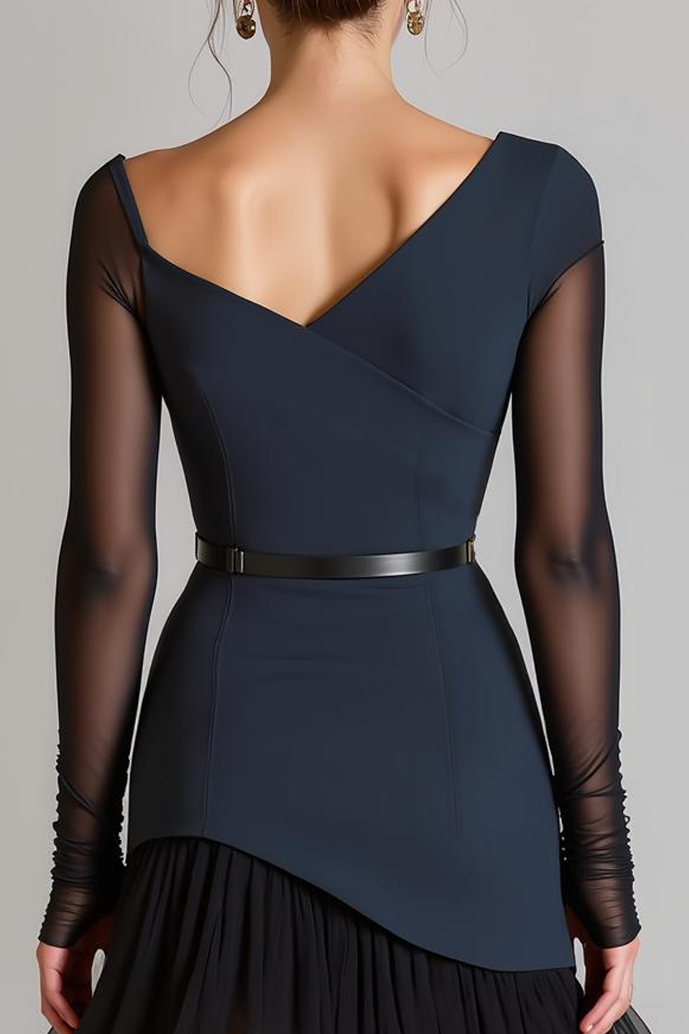 Navy Tulle Asymmetrical Neck High Low Long Evening Dress