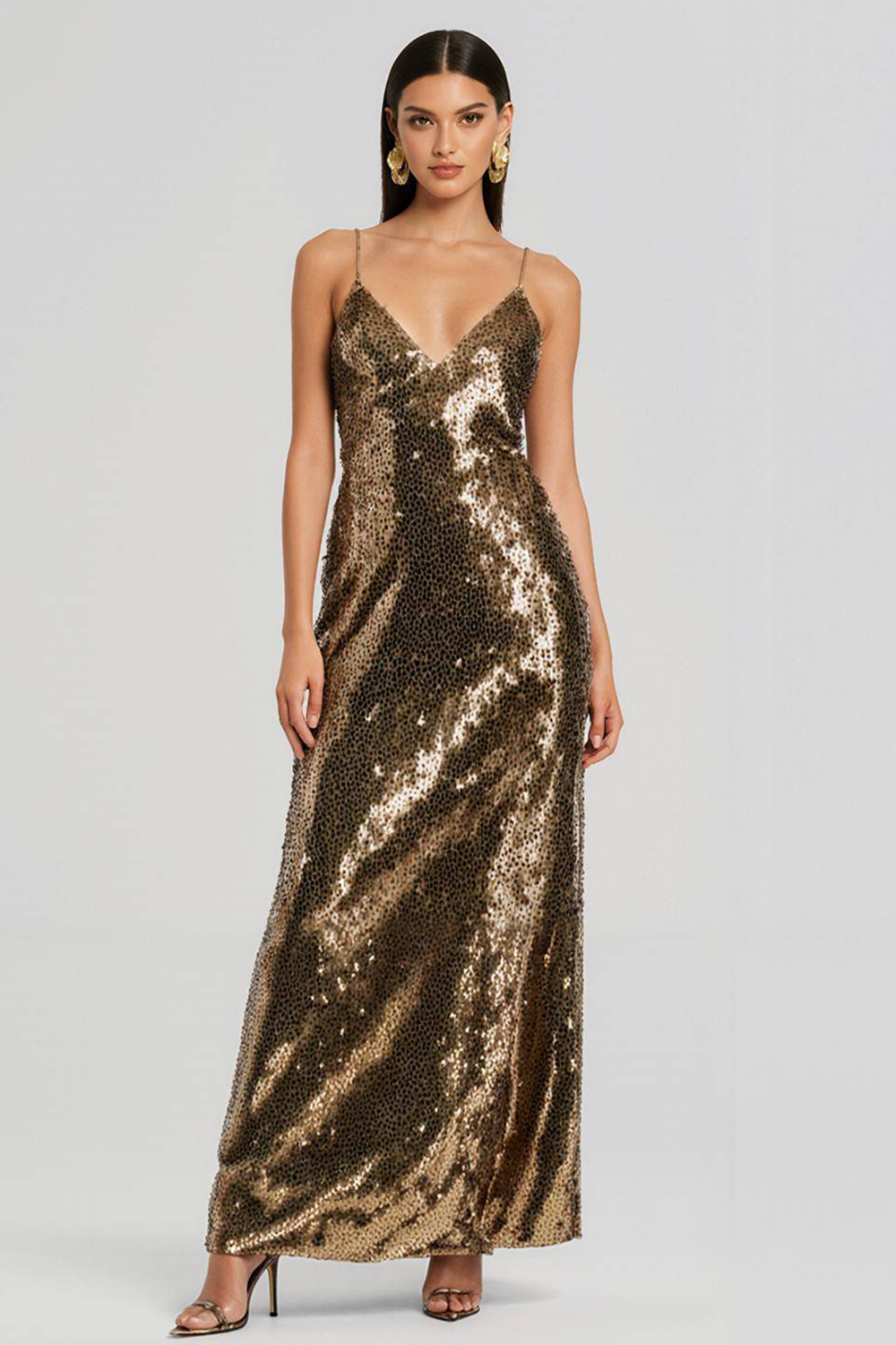 Leely Women Sparkly Sequin Golden Maxi Gala Dress Sheath Spaghetti Straps Evening Dress