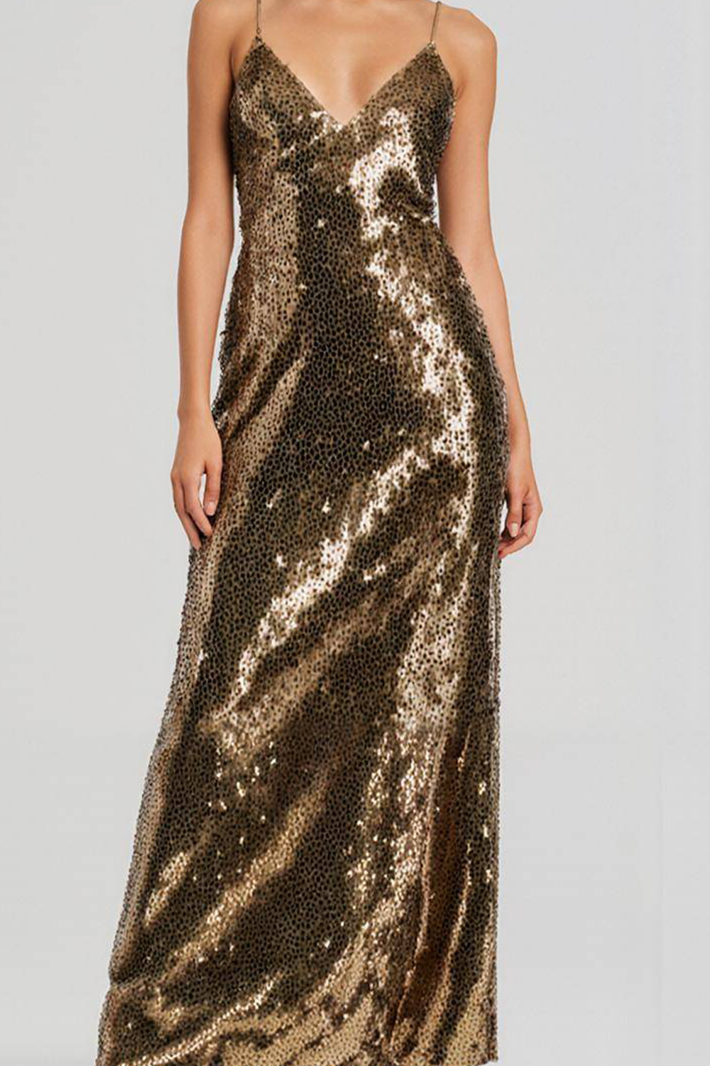 Sparkly Sequin Golden Sheath Spaghetti Straps Maxi Gala Dress