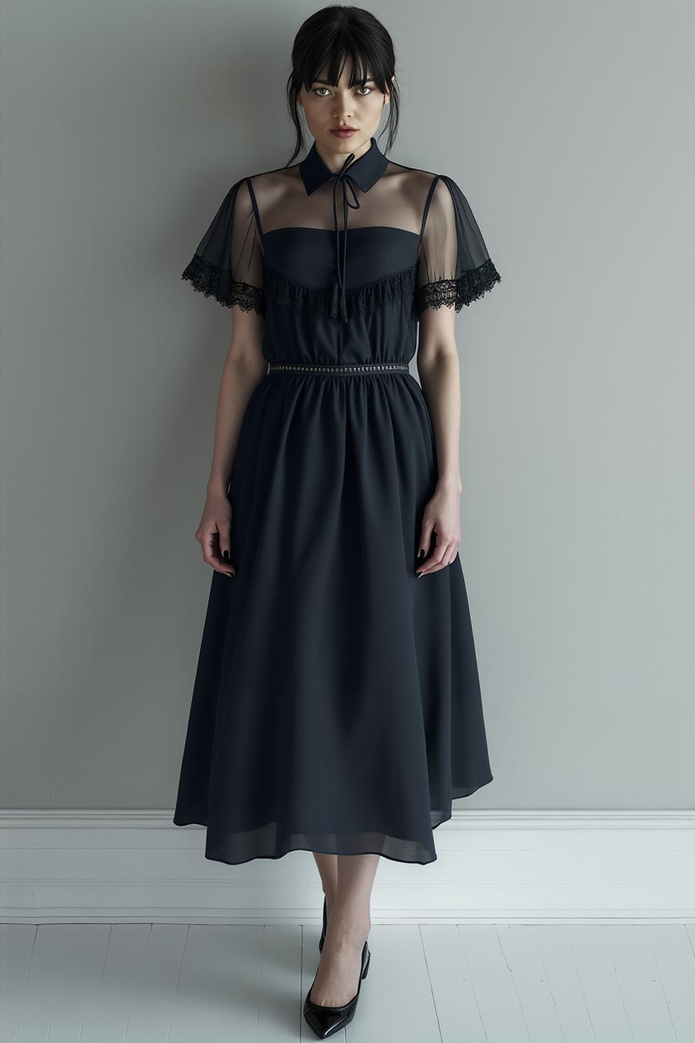 Black Chiffon A Line Collar Neck Maxi Evening Dress