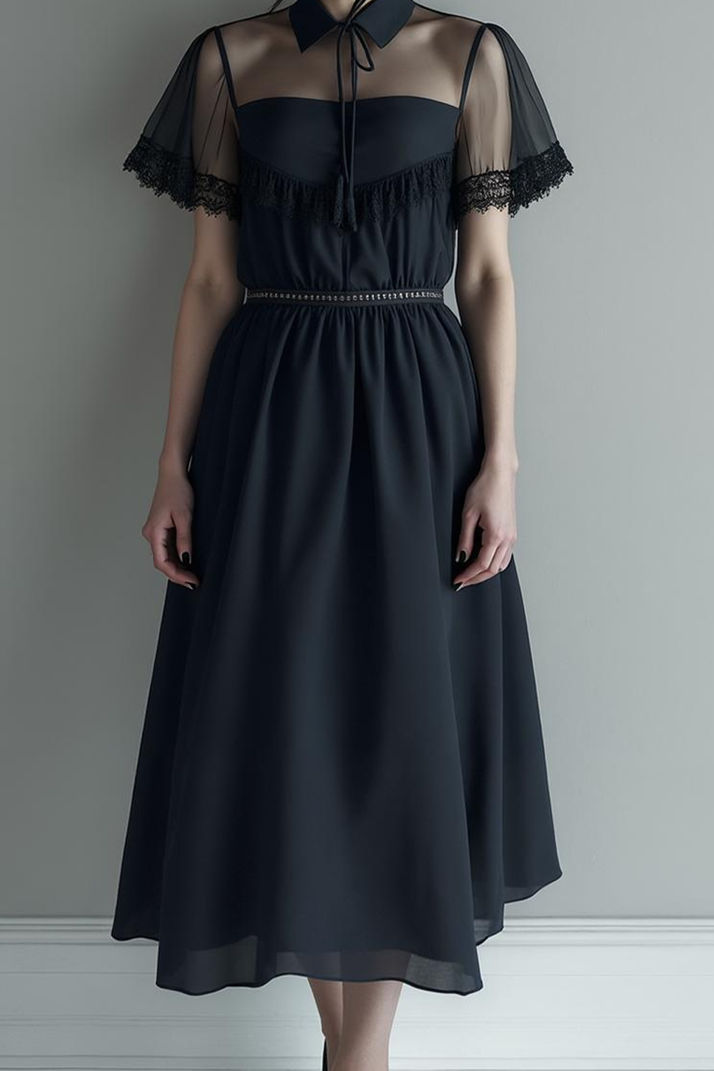 Black Chiffon A Line Collar Neck Maxi Evening Dress