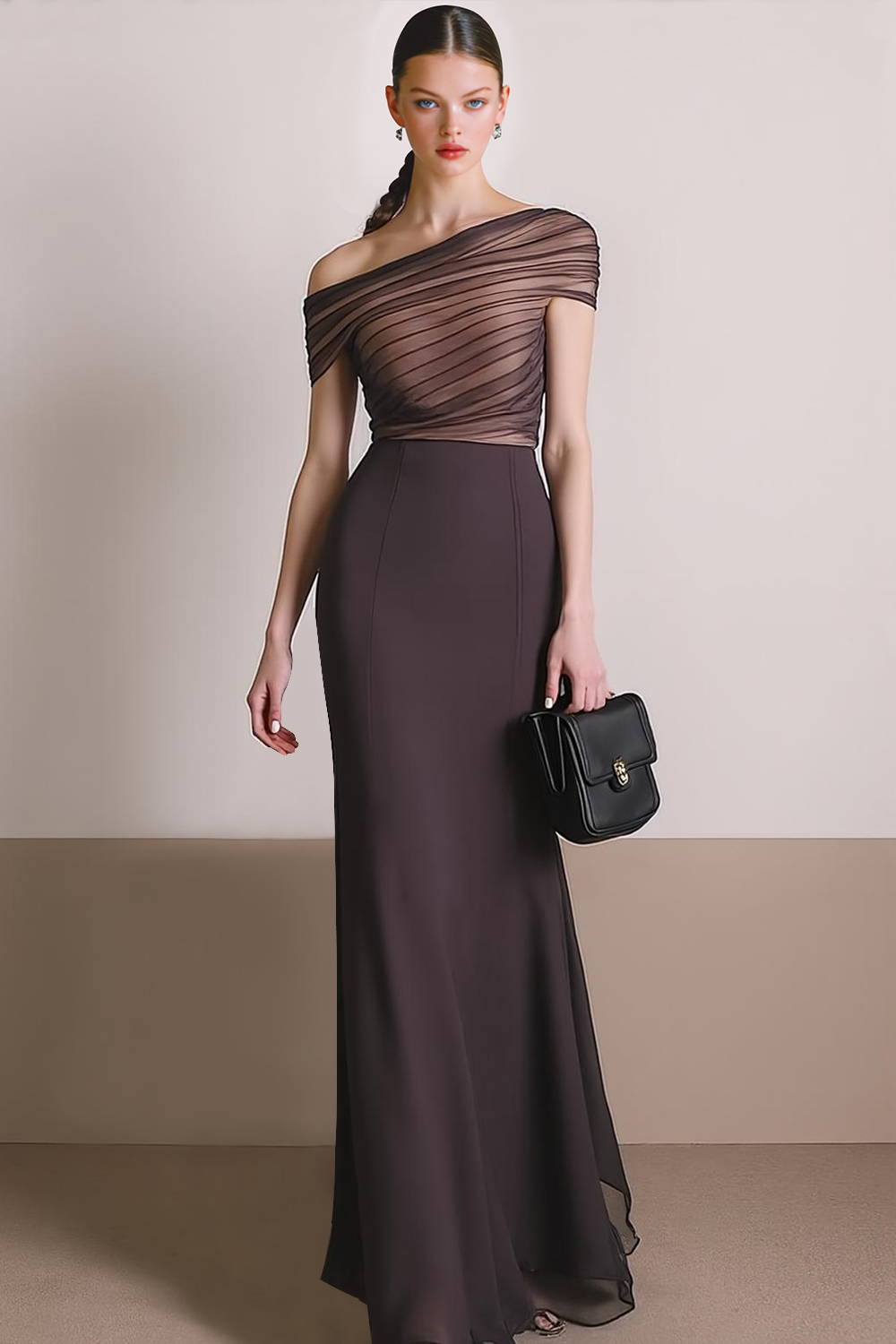 asymmetrical chiffon prom dress Fancy Black Beaded Lace Chiffon Unique One Sleeve A-line Prom Dress main image 1