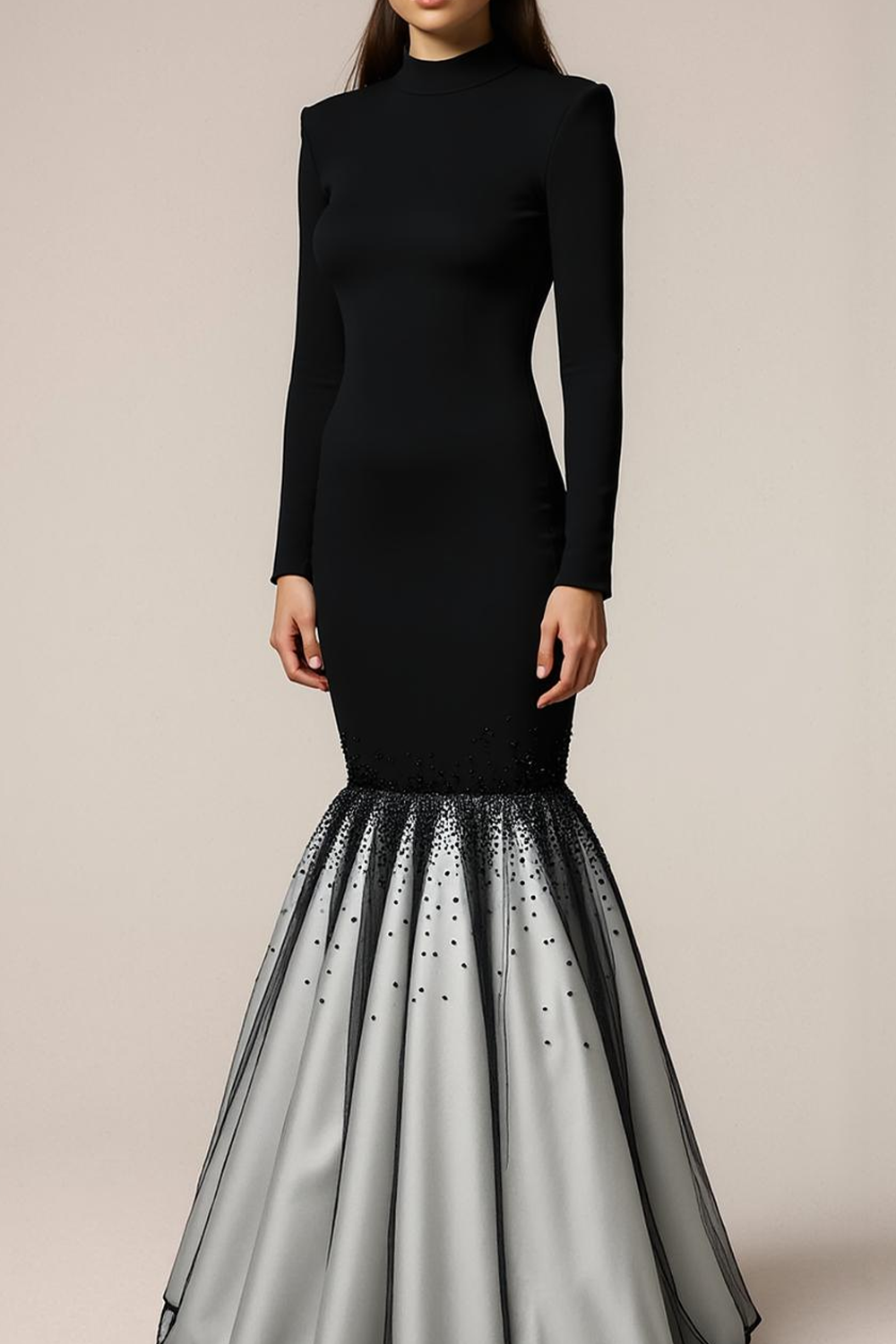 Black Grey High Neck Mermaid Long Evening Dress with Sleeves