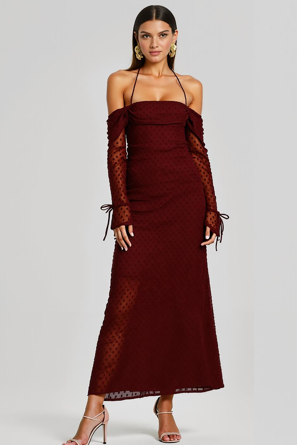 Cabernet Chiffon Halter Maxi Evening Dress with Sleeves