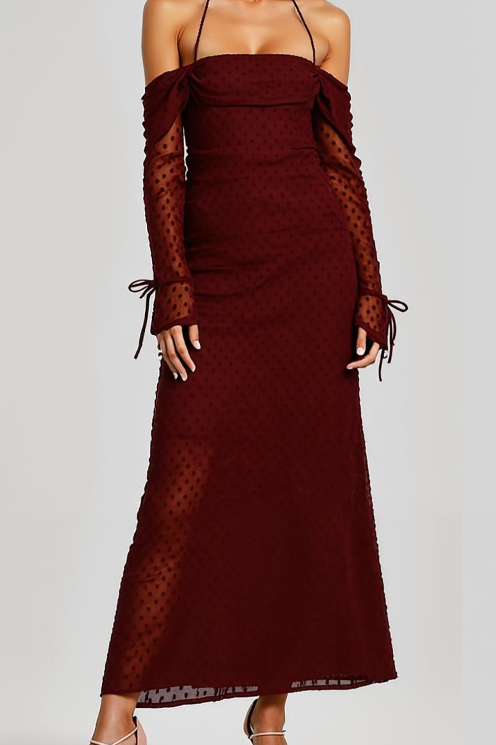 Cabernet Chiffon Halter Maxi Evening Dress with Sleeves