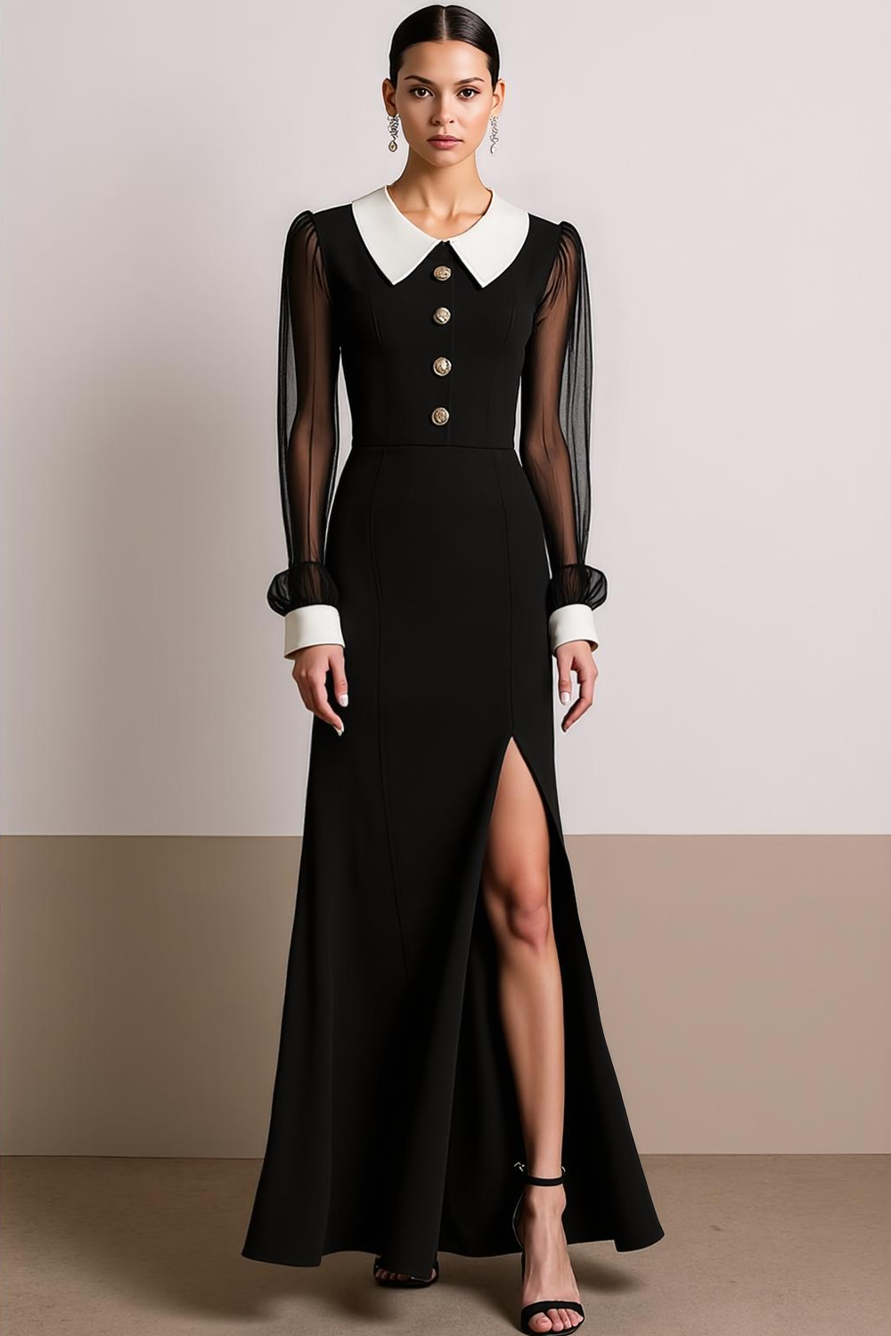 Black White Collar Neck Long Formal Dress with Slit