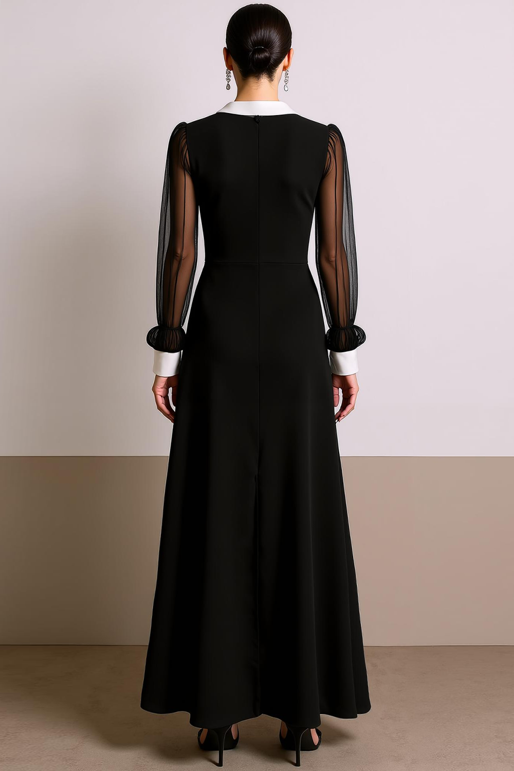 Black White Collar Neck Long Formal Dress with Slit