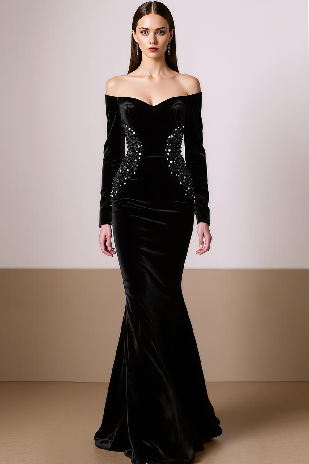 Black Velvet Mermaid Off the Shoulder Long Formal Dress with Sleeves