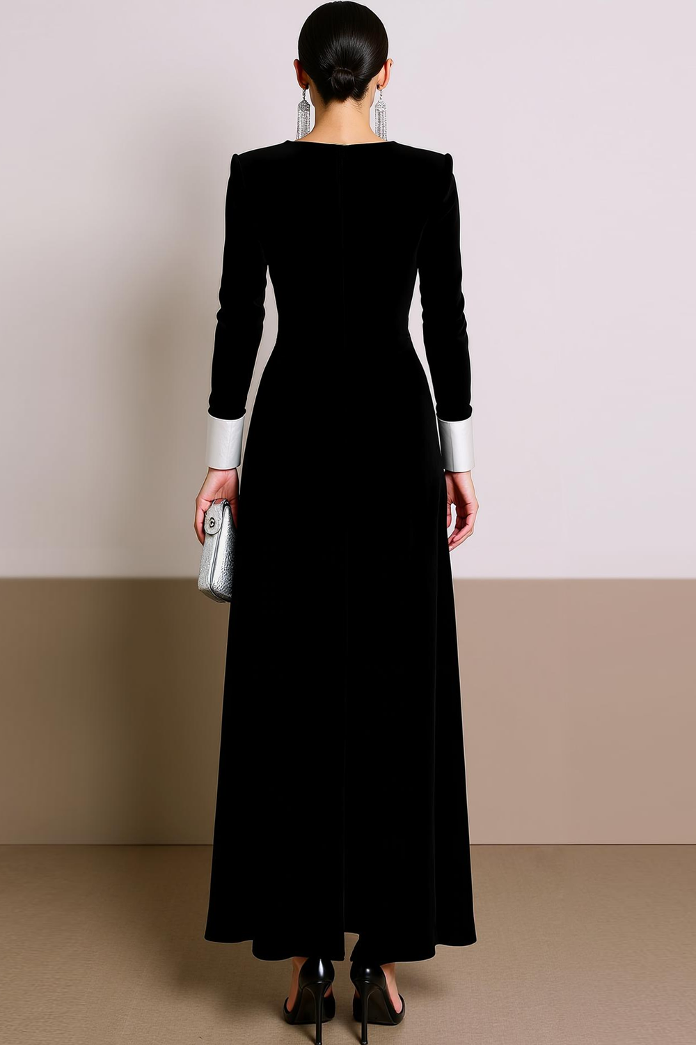 Black White V-Neck Velvet Maxi Formal Dress with Buttons