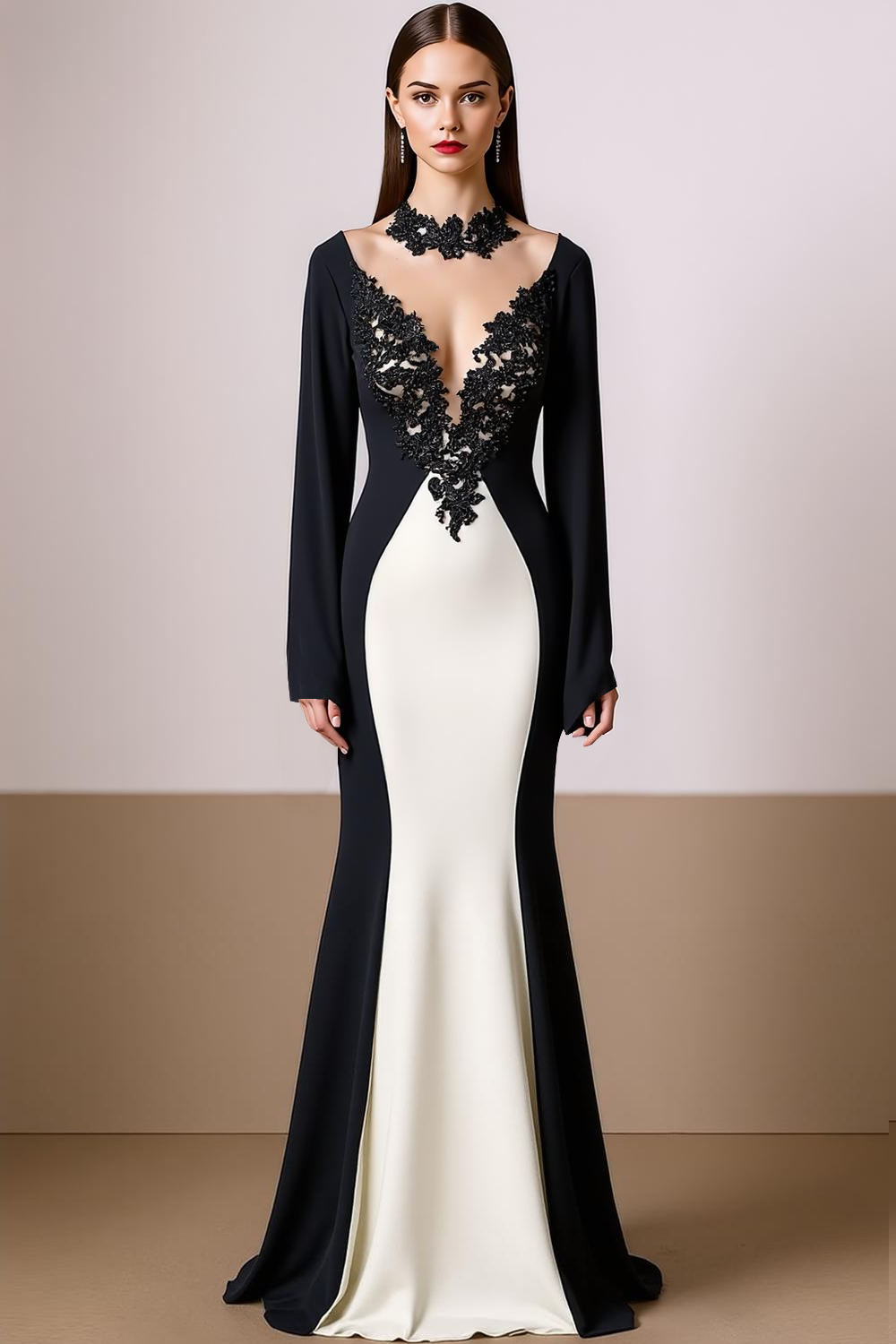 Leely Women White Mermaid Maxi Evening Dress Appliqued V-Neck Formal Dress with Sleeves