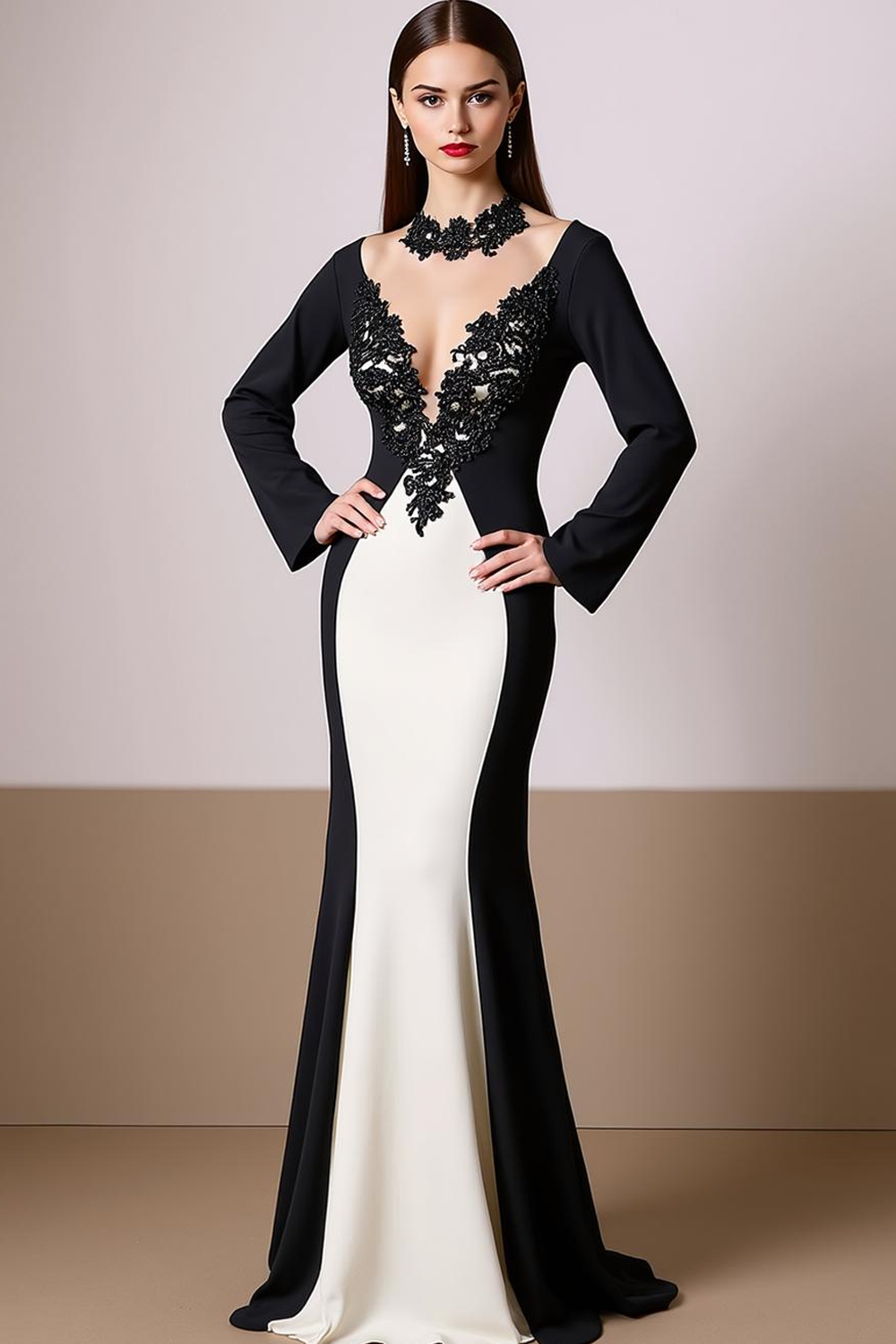 White Mermaid Appliqued V-Neck Maxi Evening Dress with Sleeves