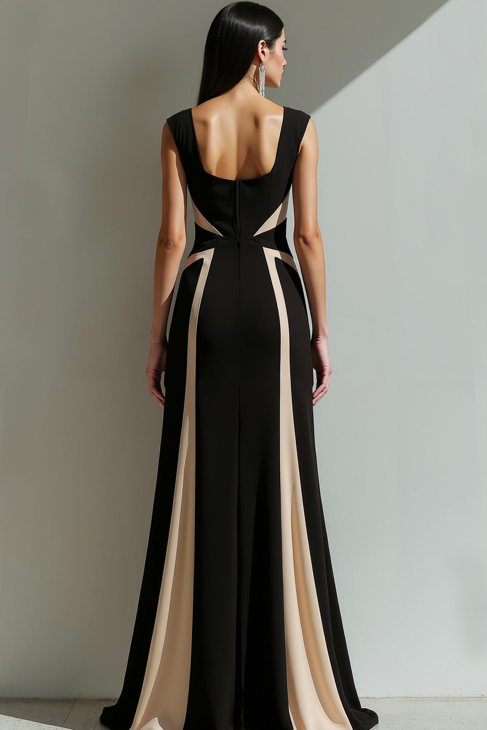 Black Champagne Patchwork Bateau Neck Maxi Formal Dress