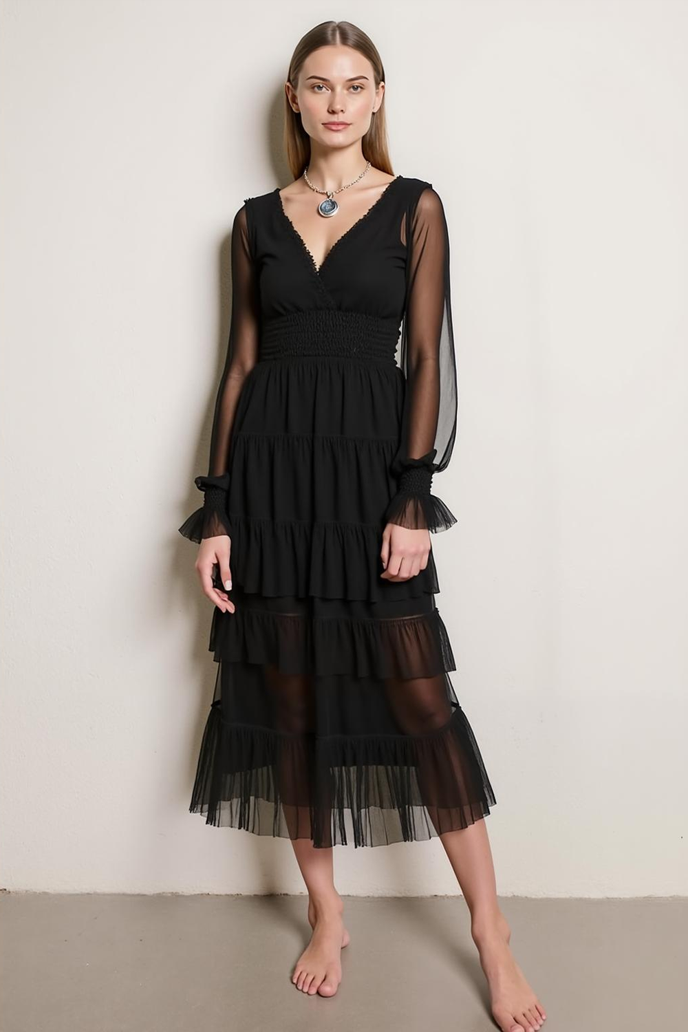 Black Chiffon Tiered V-Neck Maxi Evening Dress with Sleeves