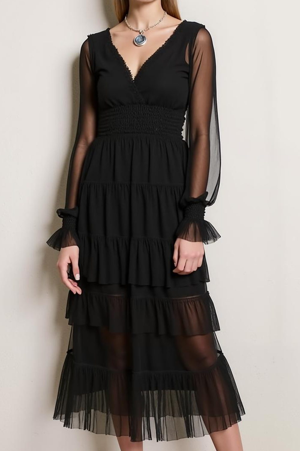 Black Chiffon Tiered V-Neck Maxi Evening Dress with Sleeves