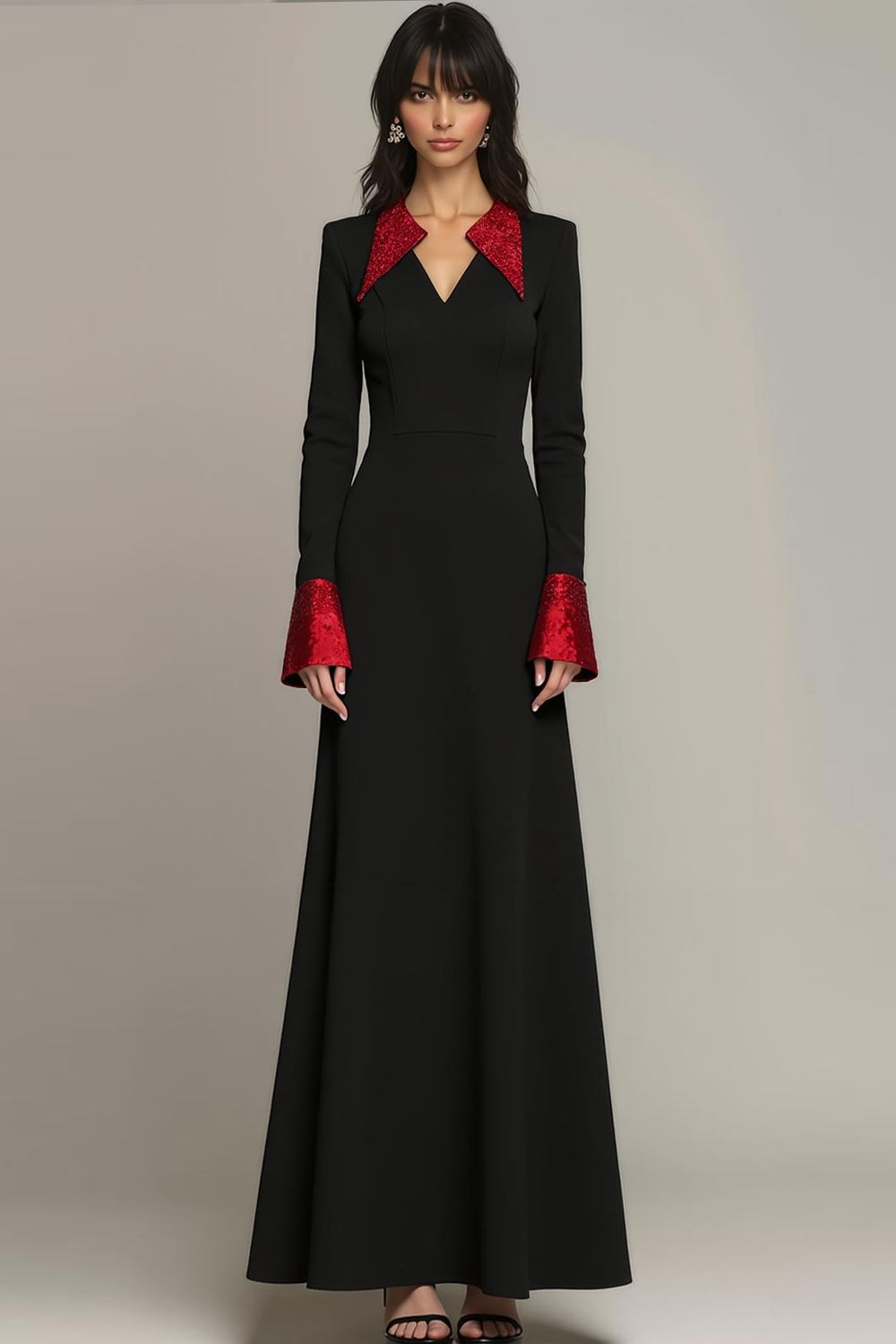 Leely Women Red Black A Line Long Formal Dress Collar Neck Evening Dress with Sleeves