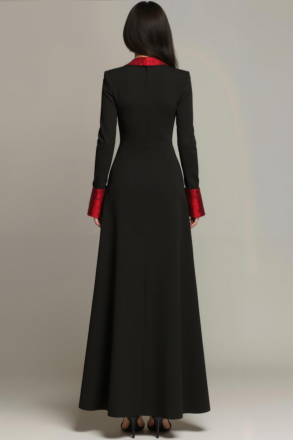 Red Black A Line Long Formal Dress with Sleeves