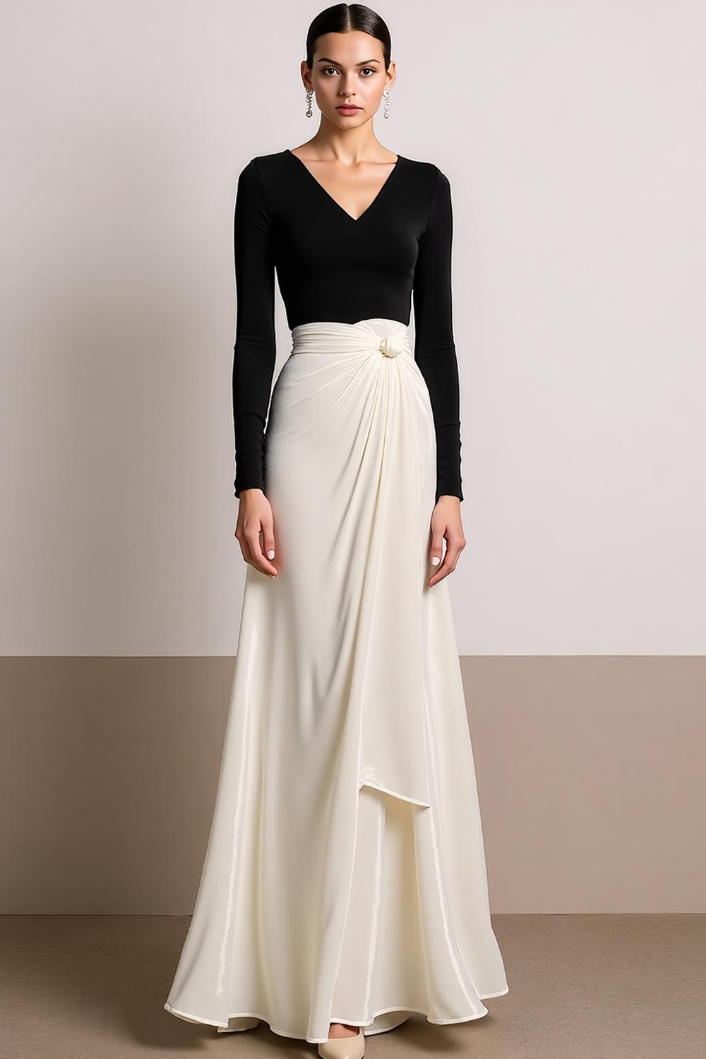 White Black A Line V-Neck Long Evening Dress with Sleeves