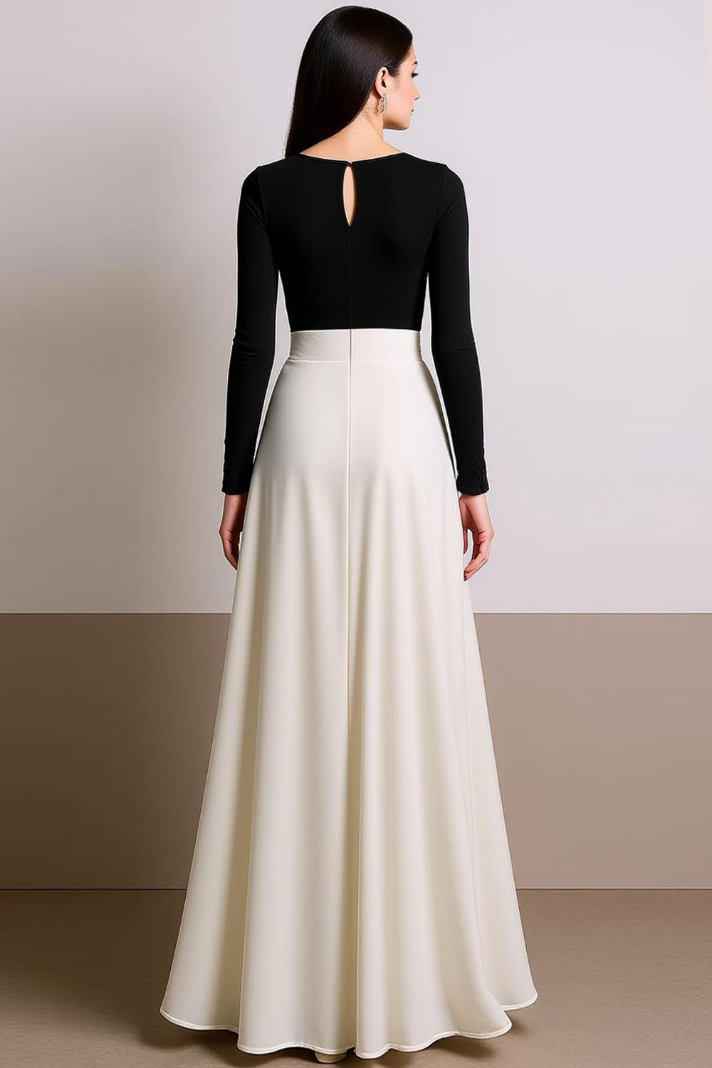 White Black A Line V-Neck Long Evening Dress with Sleeves