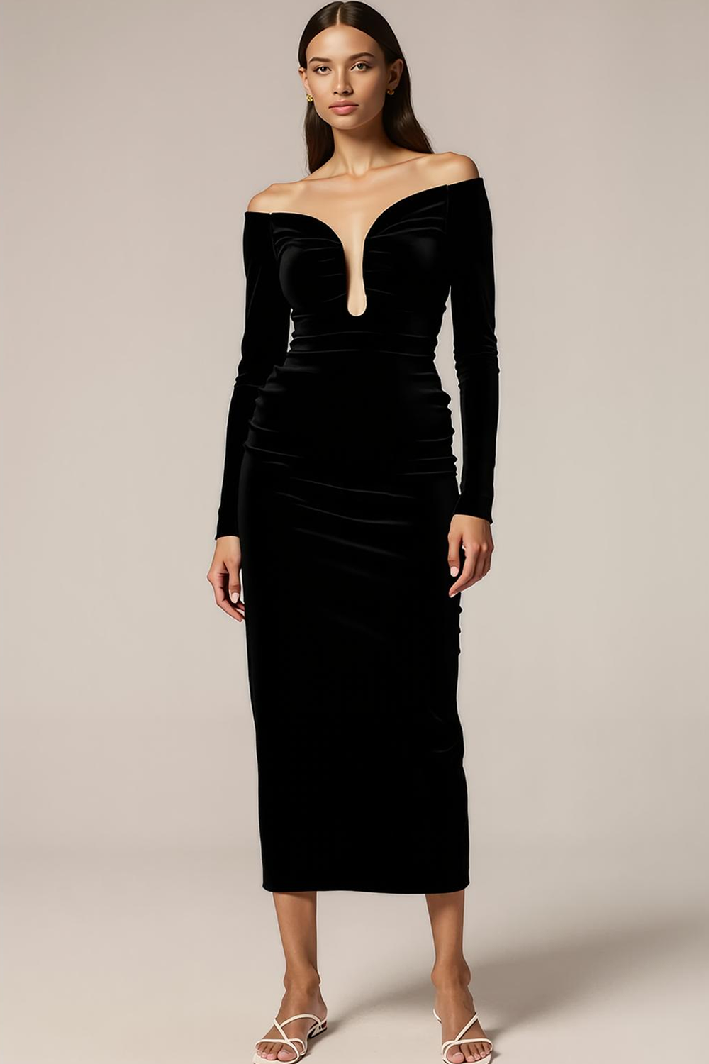 Black Off the Shoulder Velvet Sheath Long Formal Dress with Sleeves