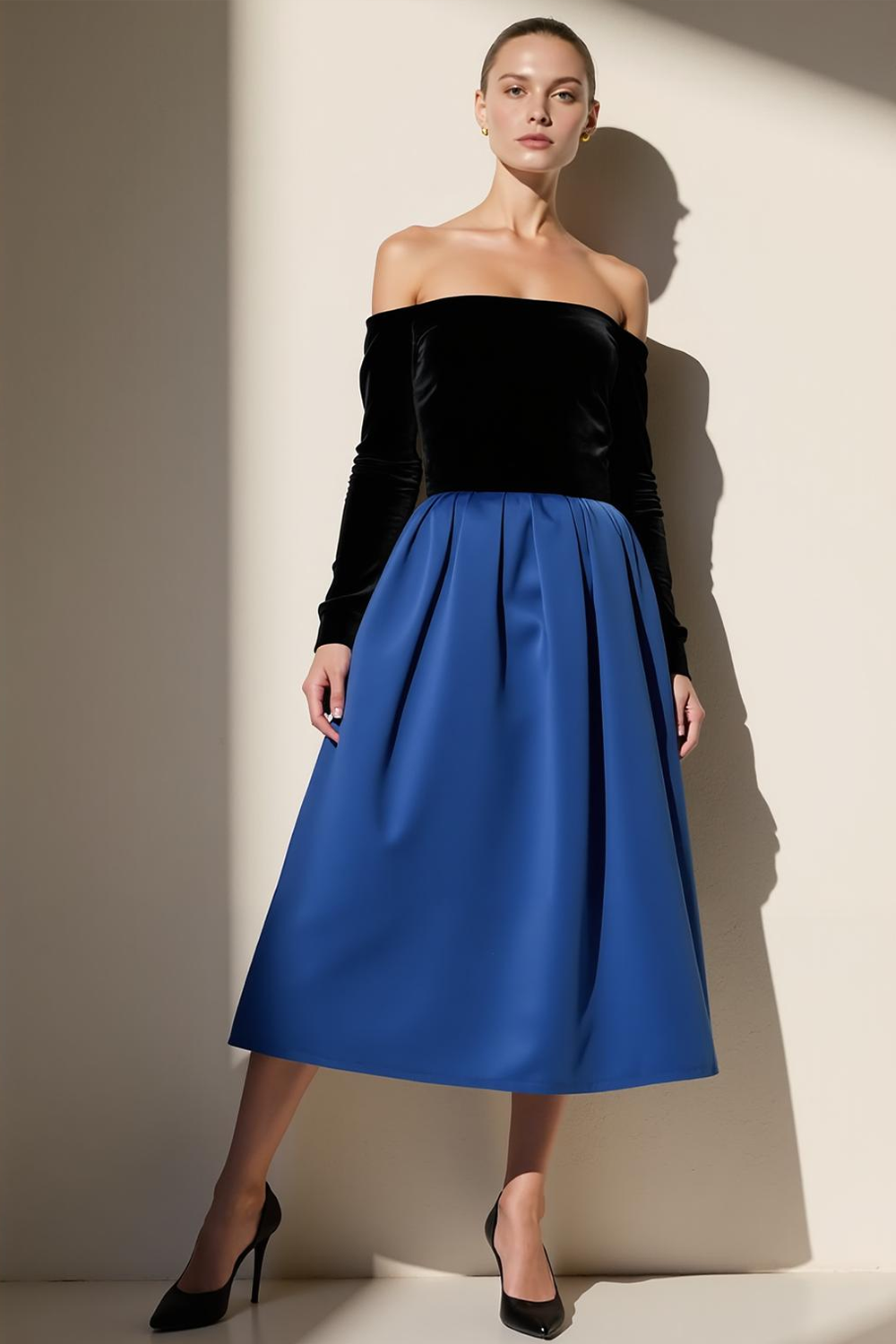 Blue Black A Line Off the Shoulder Long Evening Dress