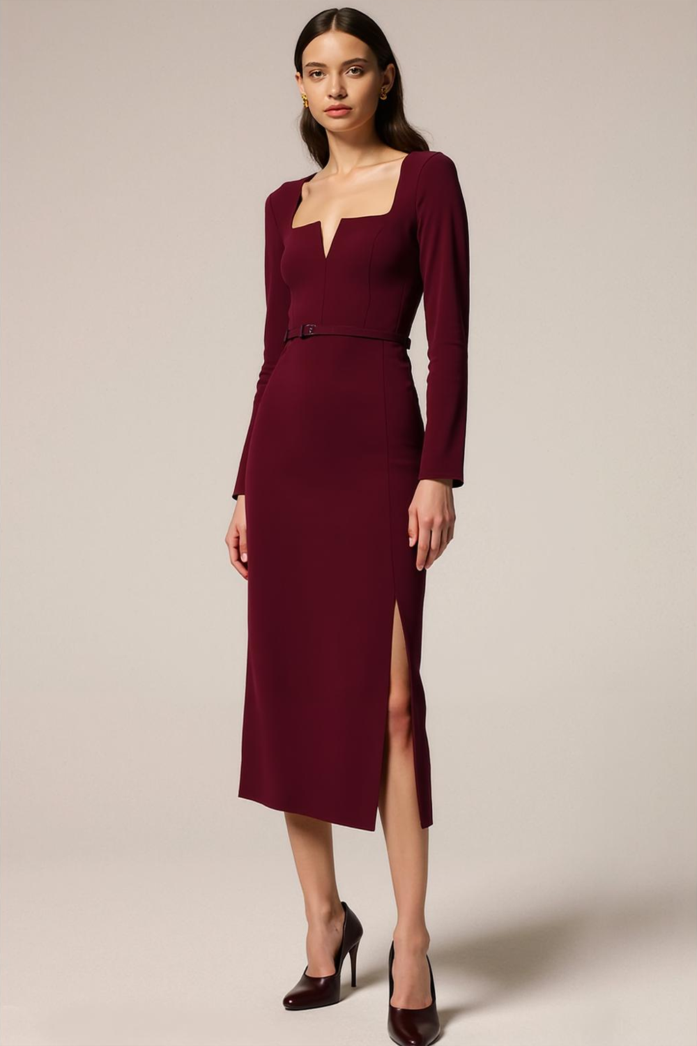 Leely Women Cabernet Sheath Long Formal Dress with Slit Square Neck Evening Dress with Sleeves