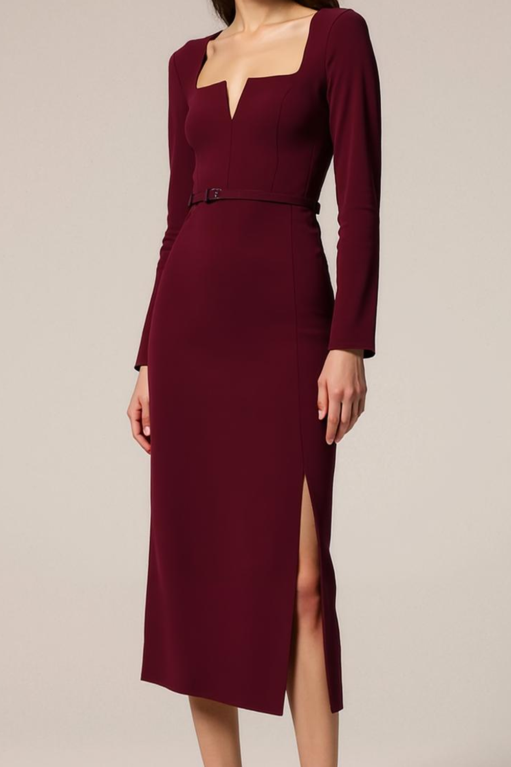 Cabernet Sheath Square Neck Long Formal Dress with Slit