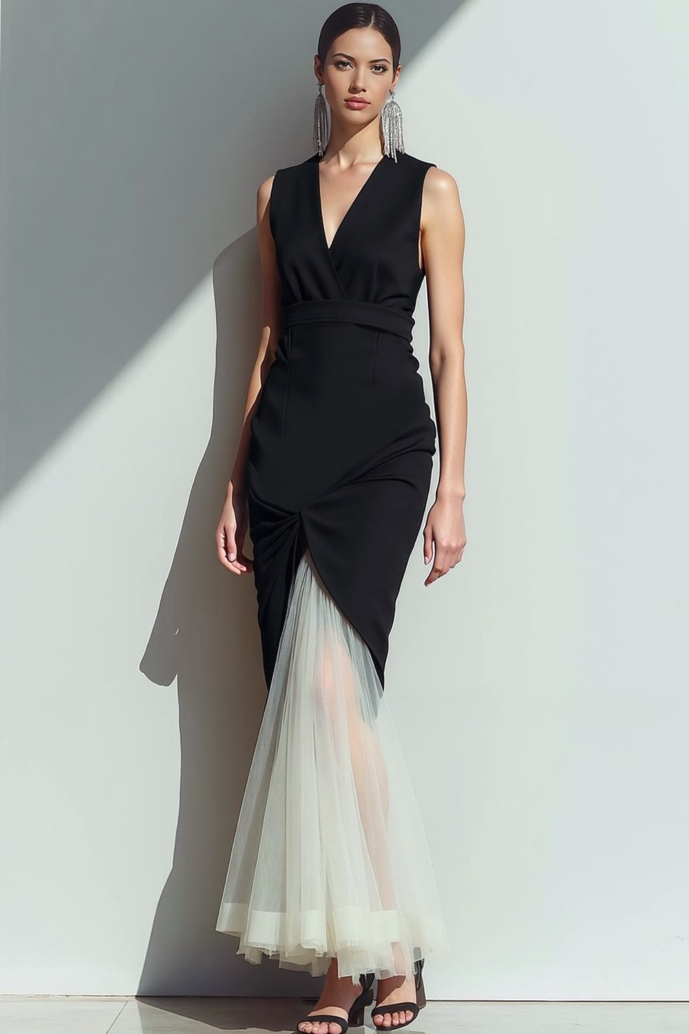 Black V-Neck Mermaid Long Evening Dress with Tulle