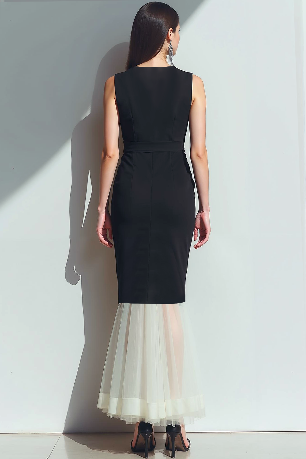 Black V-Neck Mermaid Long Evening Dress with Tulle