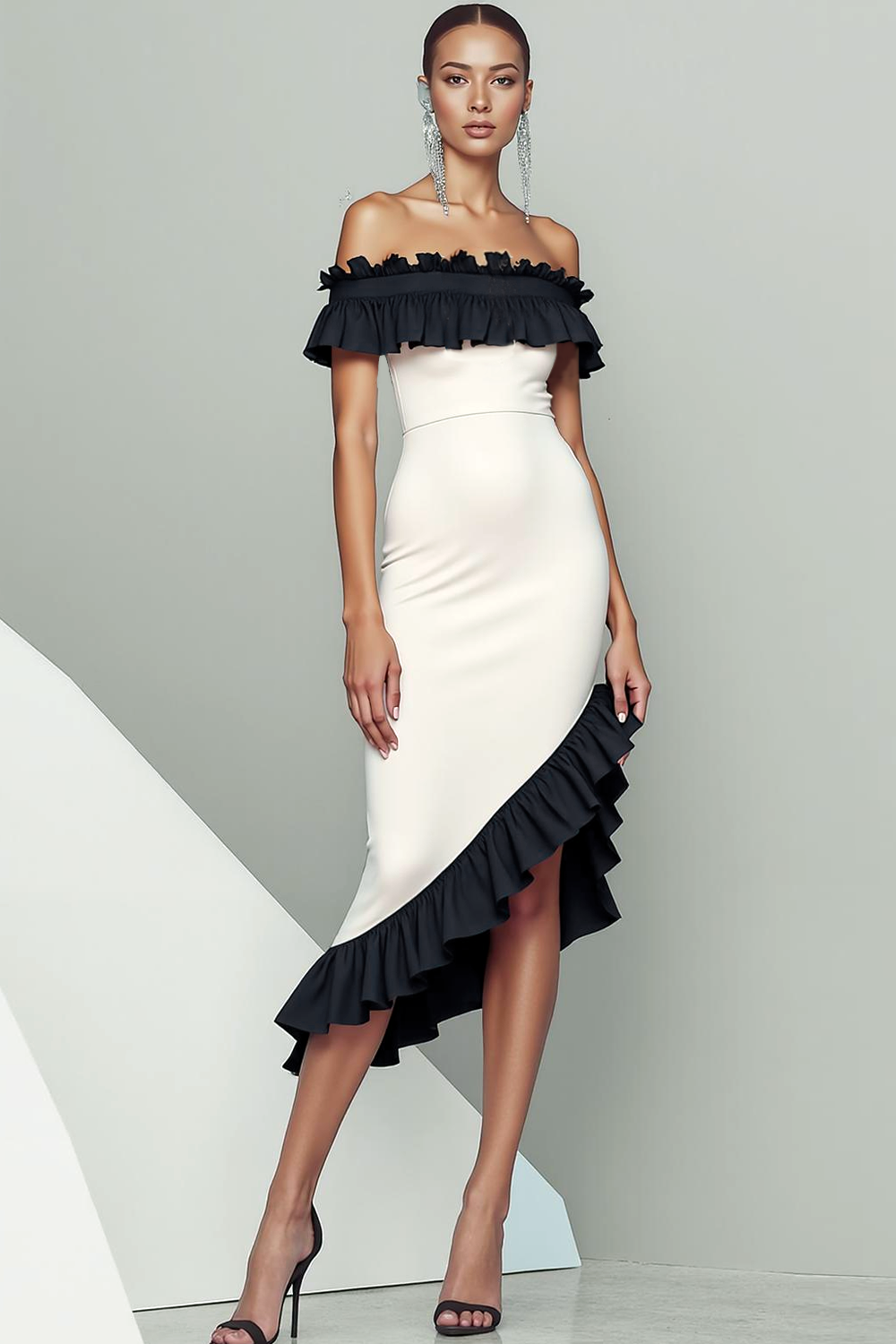 Black Sheath Satin Asymmetrical Evening Dress with Ruffles