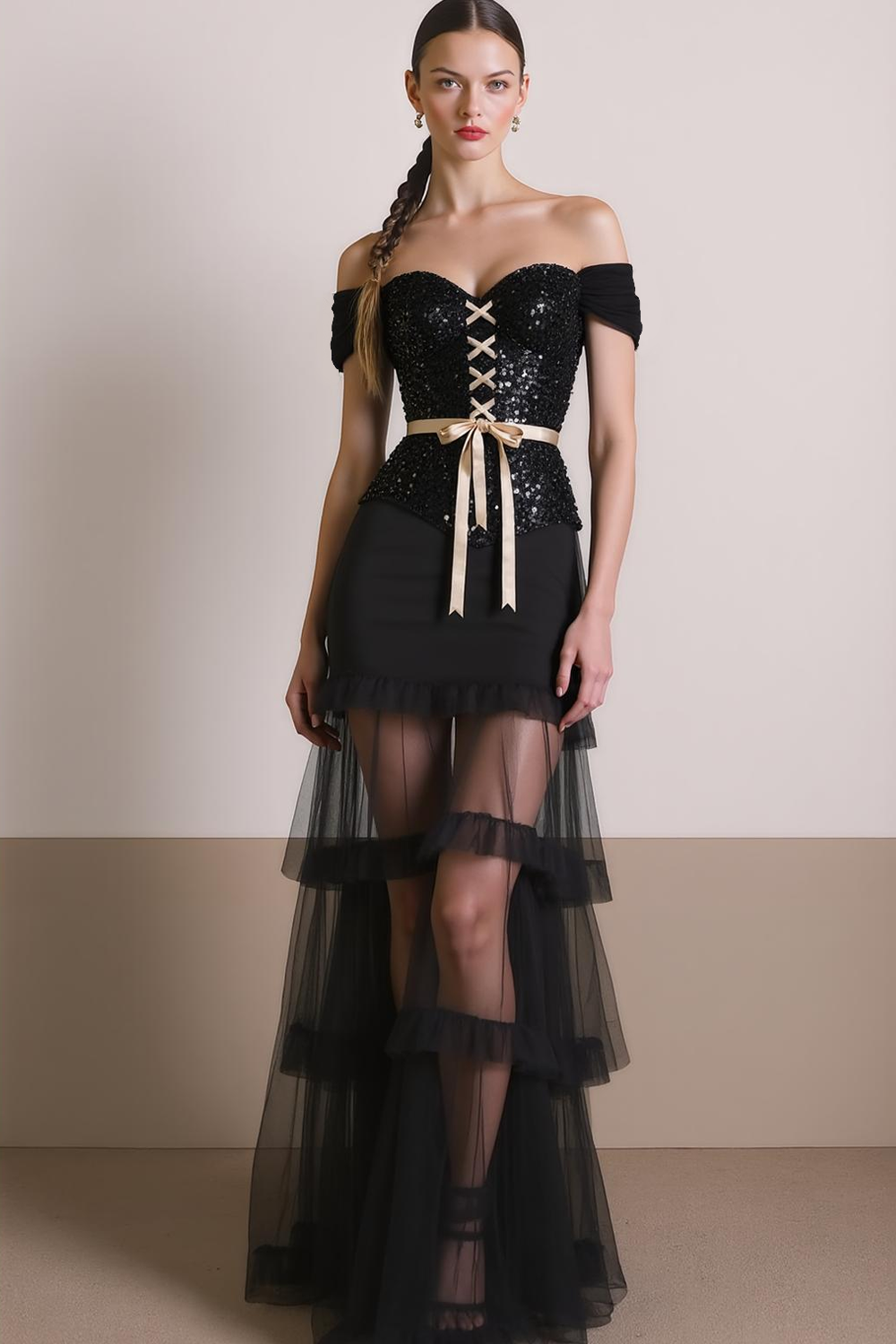 Sparkly Sequin Black Tiered Maxi Evening Dress with Tulle