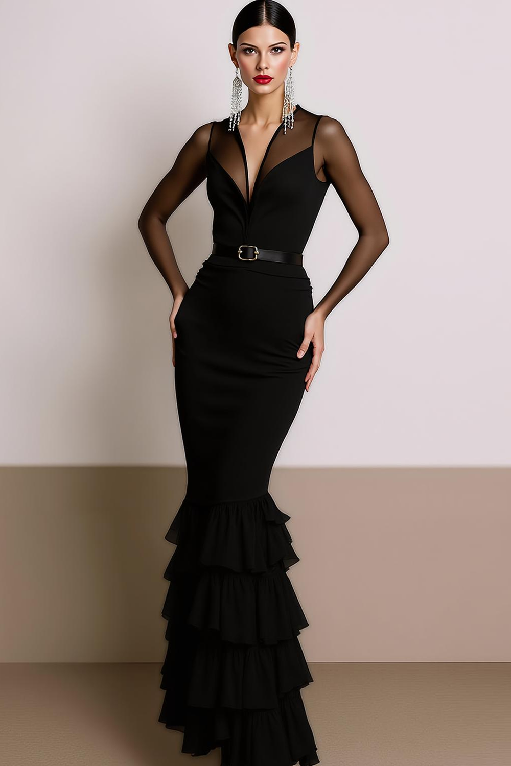 Black Chiffon Mermaid V-Neck Maxi Evening Dress with Sleeves