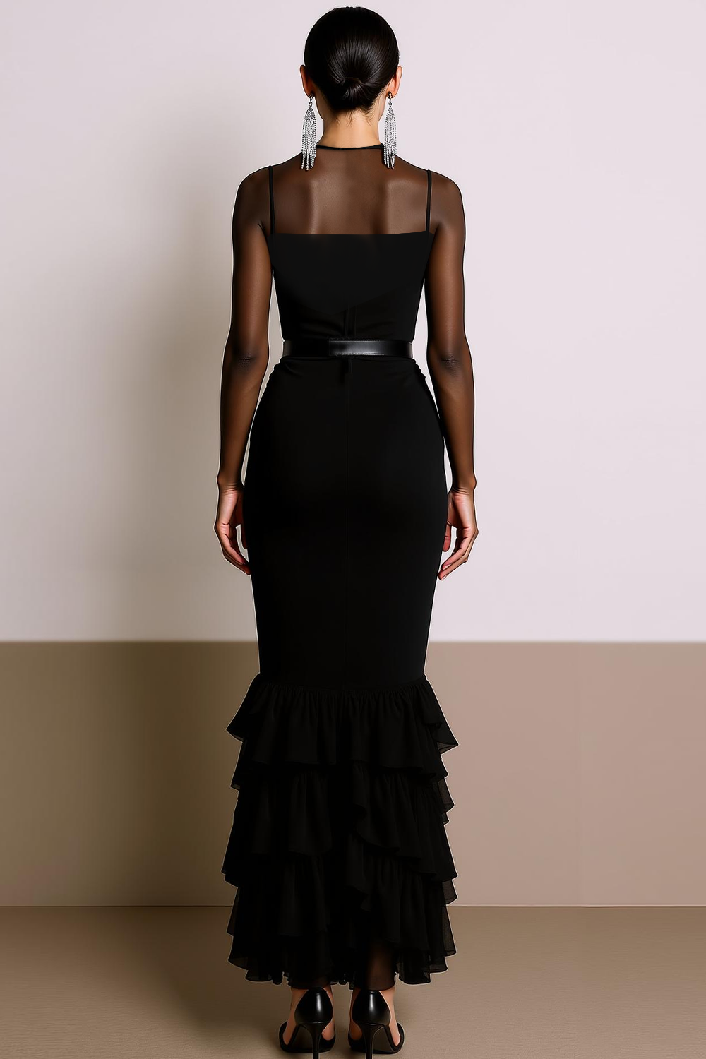 Black Chiffon Mermaid V-Neck Maxi Evening Dress with Sleeves