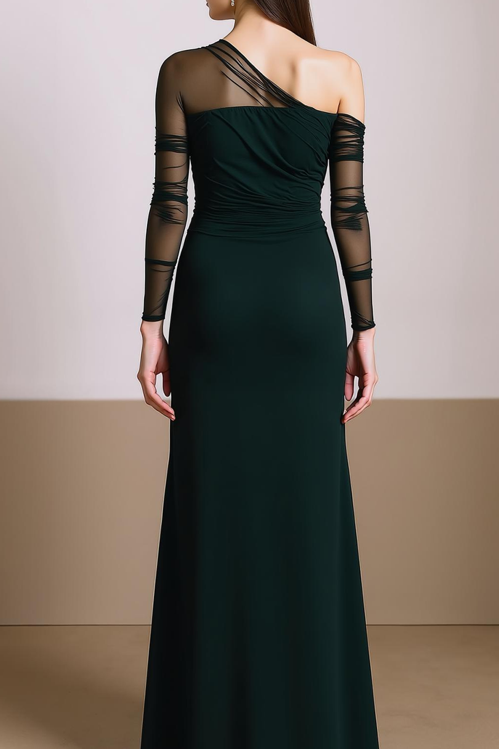Black Asymmetrical Neck Chiffon Maxi Evening Dress with Sleeves