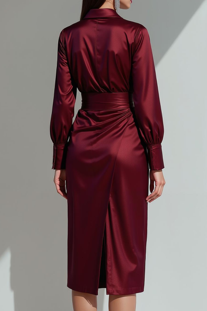 Burgundy Satin Neck Collar Sheath Midi Formal Dress with Sleeves