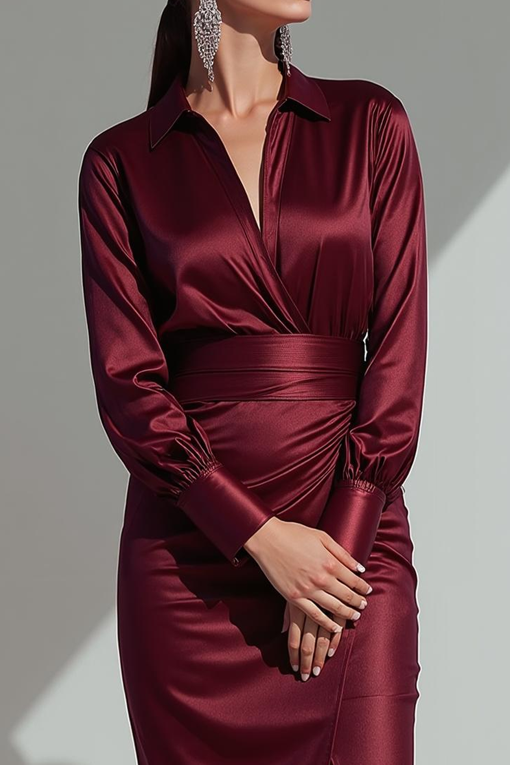 Burgundy Satin Neck Collar Sheath Midi Formal Dress with Sleeves