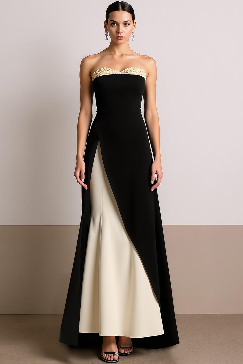 Black White Patchwork Sweetheart A Line Long Evening Dress