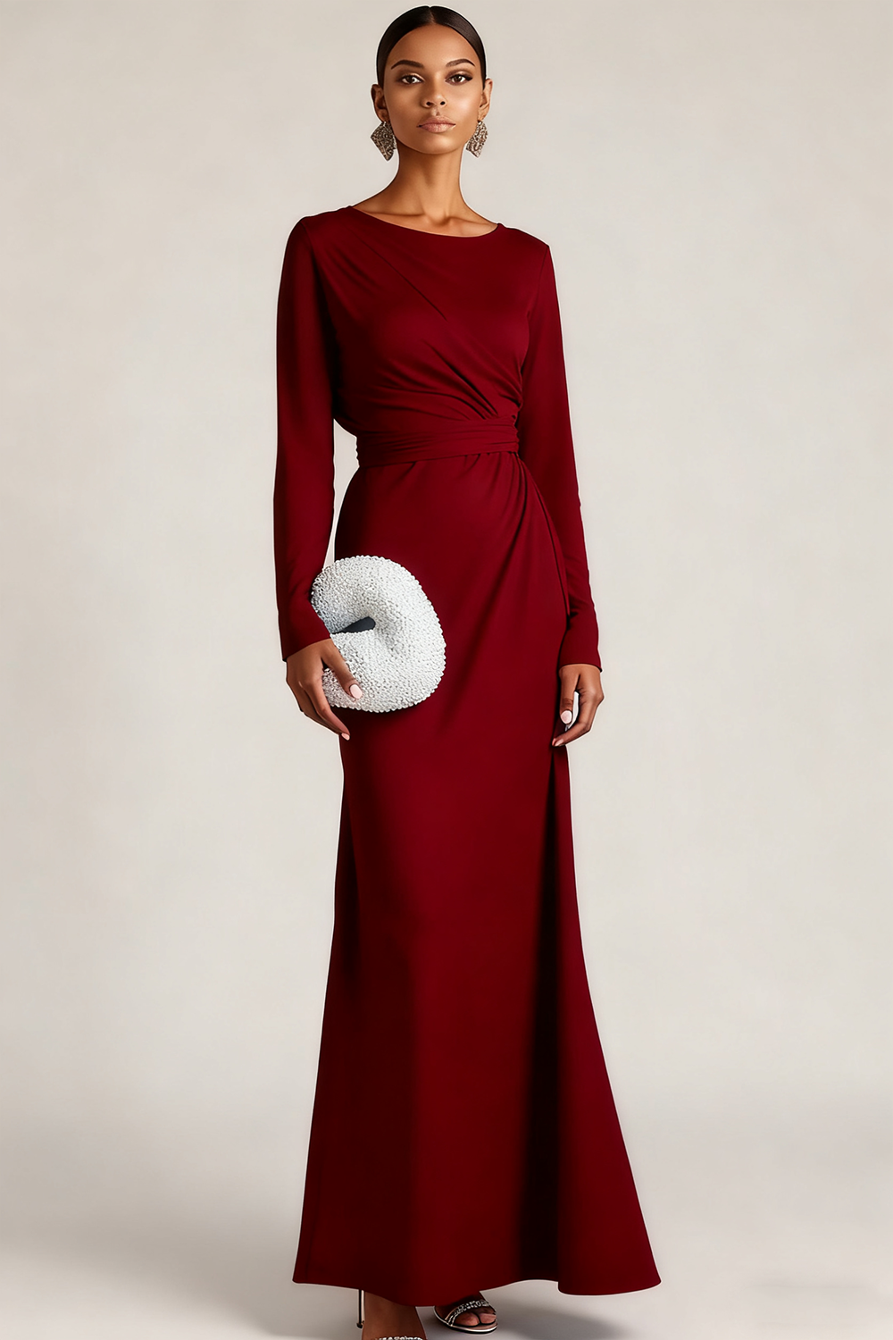 Light Blue Chiffon Round Neck Maxi Formal Dress with Sleeves