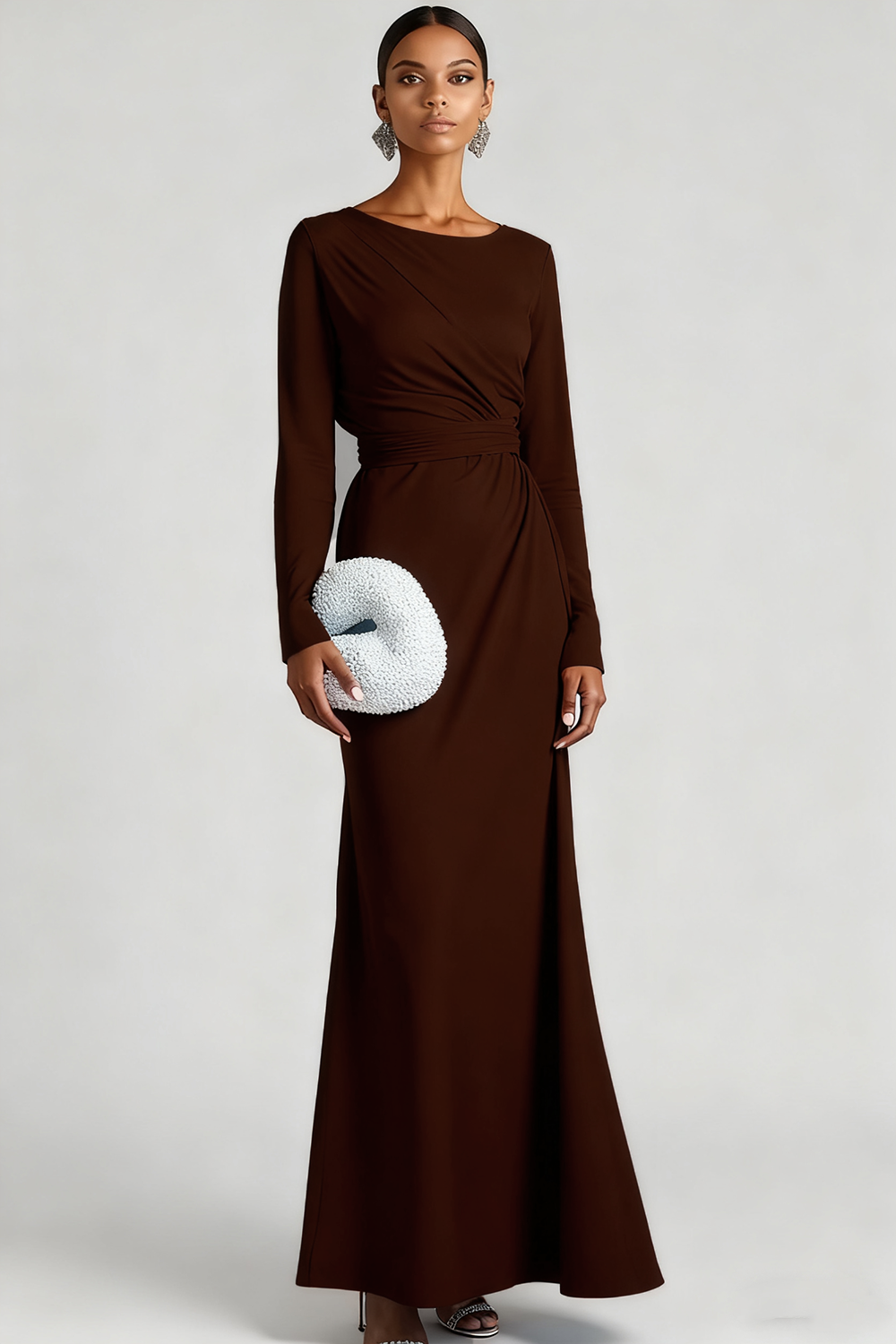 Light Blue Chiffon Round Neck Maxi Formal Dress with Sleeves