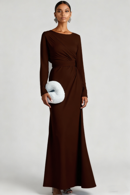 Light Blue Chiffon Round Neck Maxi Formal Dress with Sleeves