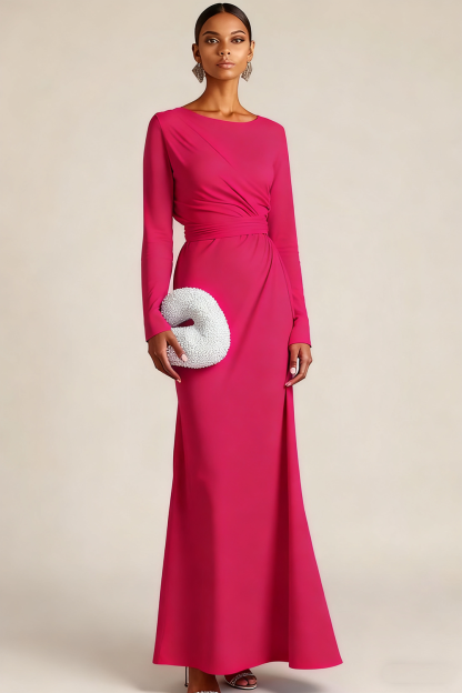 Light Blue Chiffon Round Neck Maxi Formal Dress with Sleeves