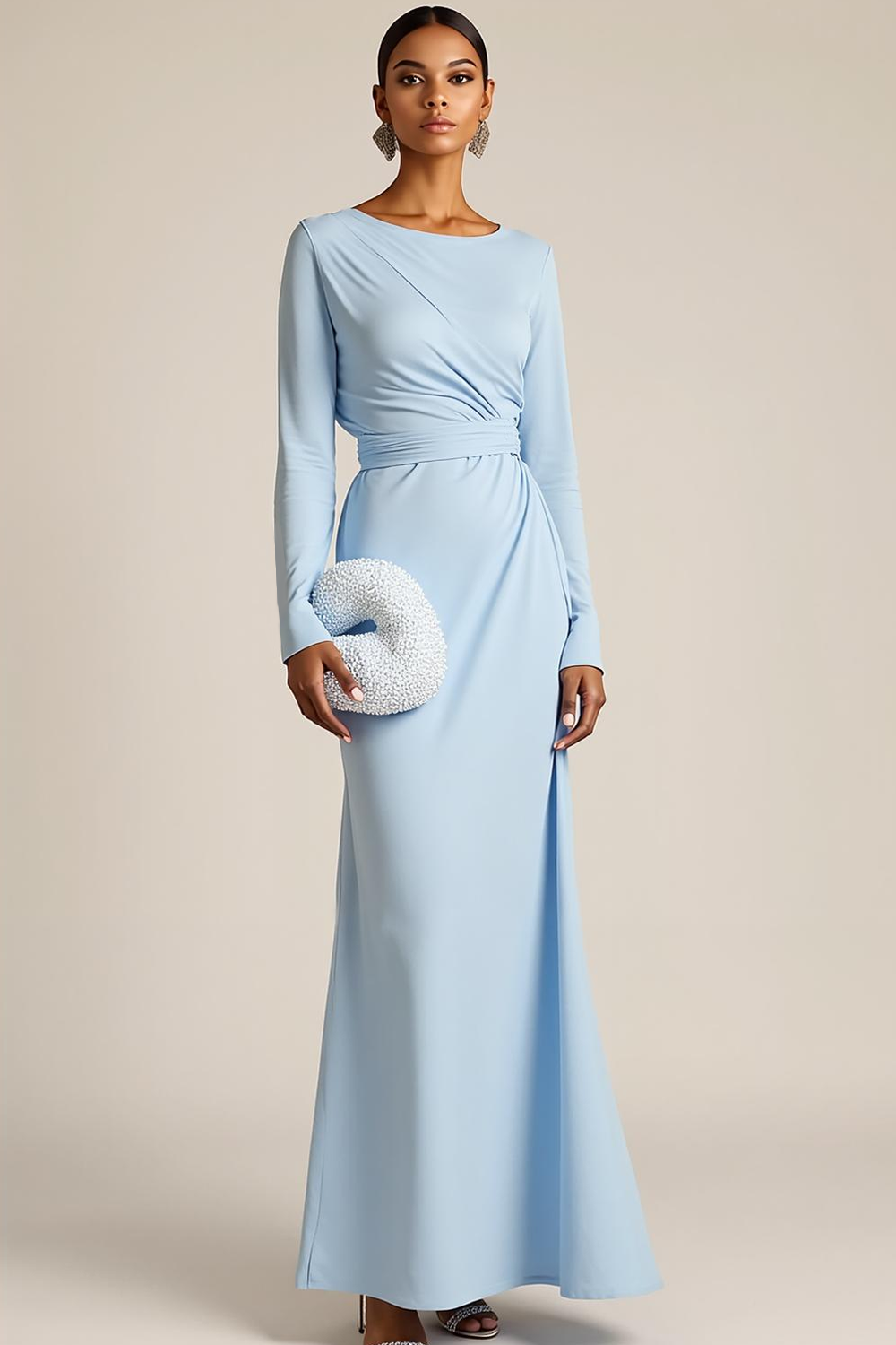 Light Blue Chiffon Round Neck Maxi Formal Dress with Sleeves