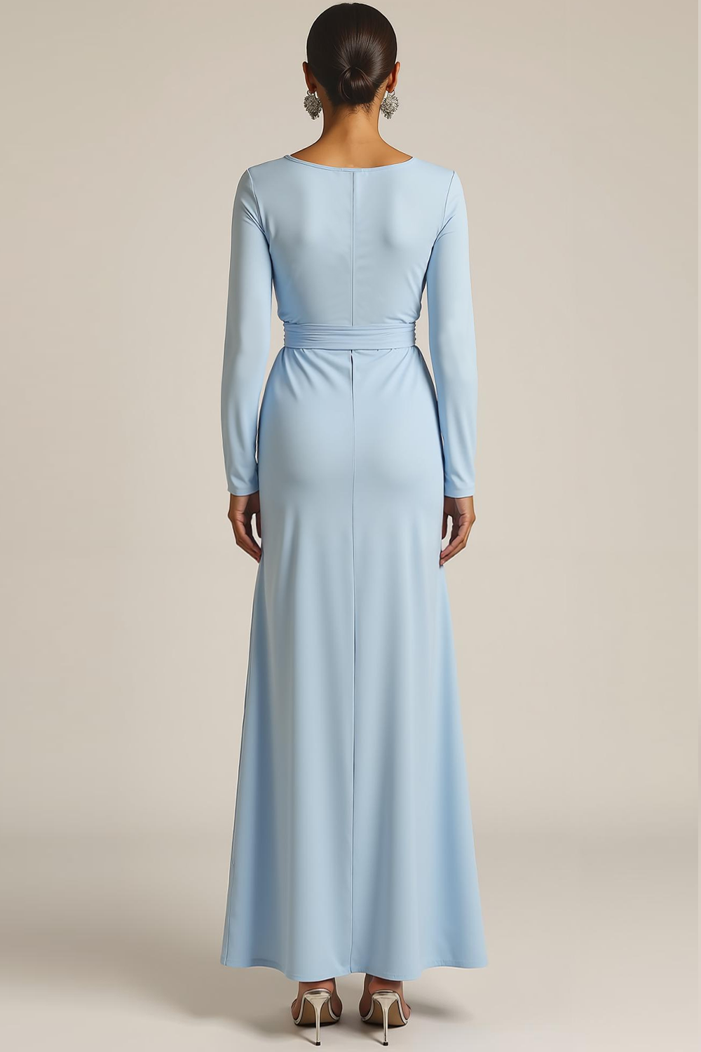Light Blue Chiffon Round Neck Maxi Formal Dress with Sleeves