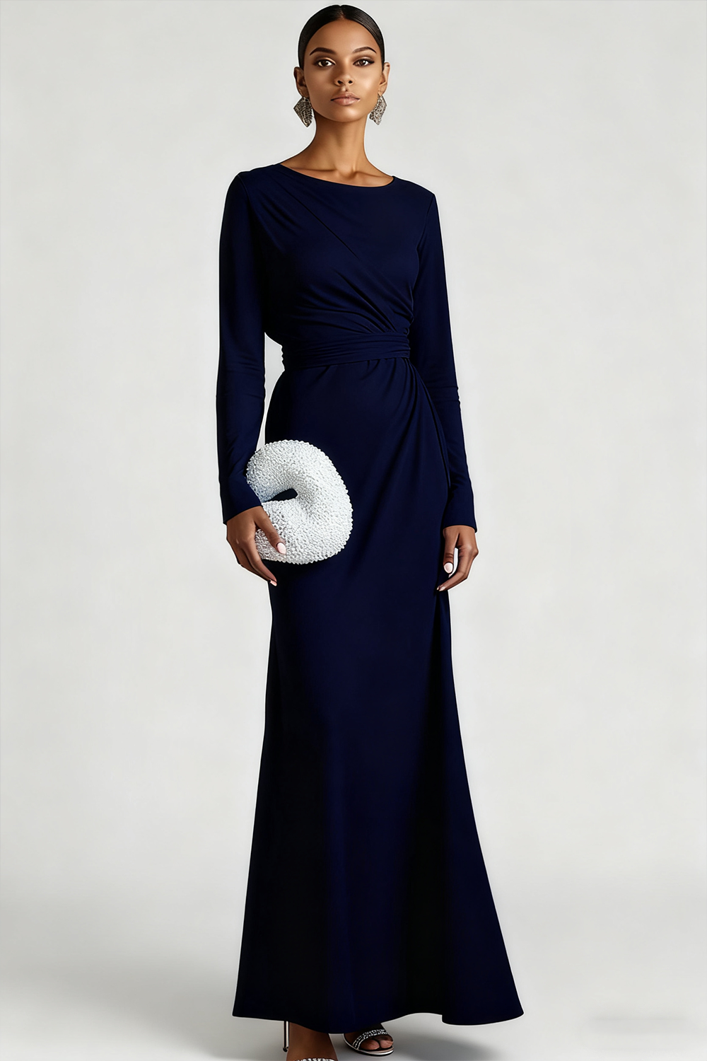 Light Blue Chiffon Round Neck Maxi Formal Dress with Sleeves